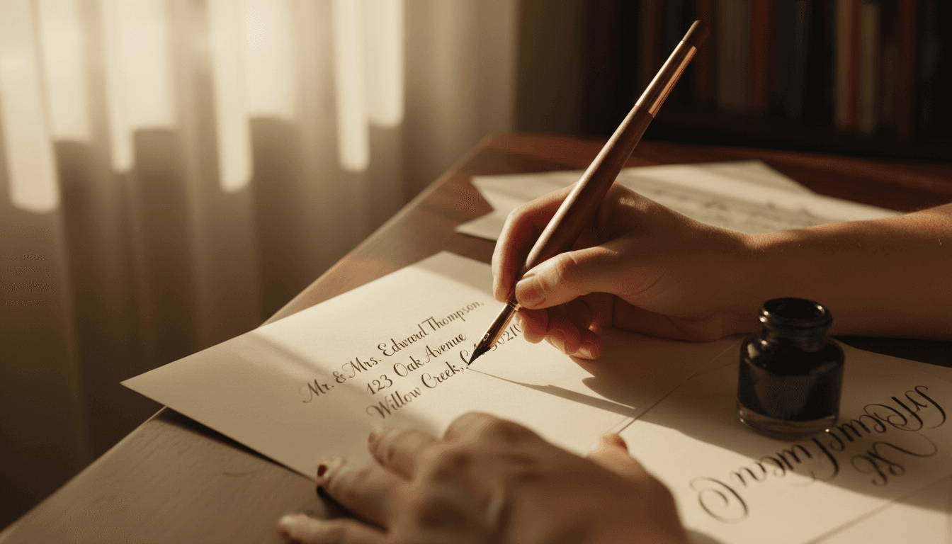 Calligrapher addressing an envelope with a dip pen