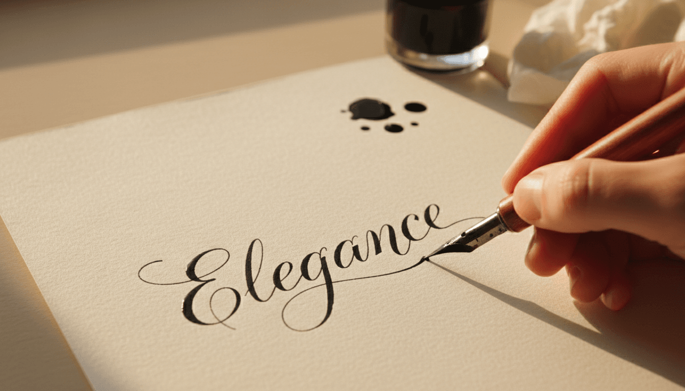 Close-up of a hand lettering with a pointed pen on paper