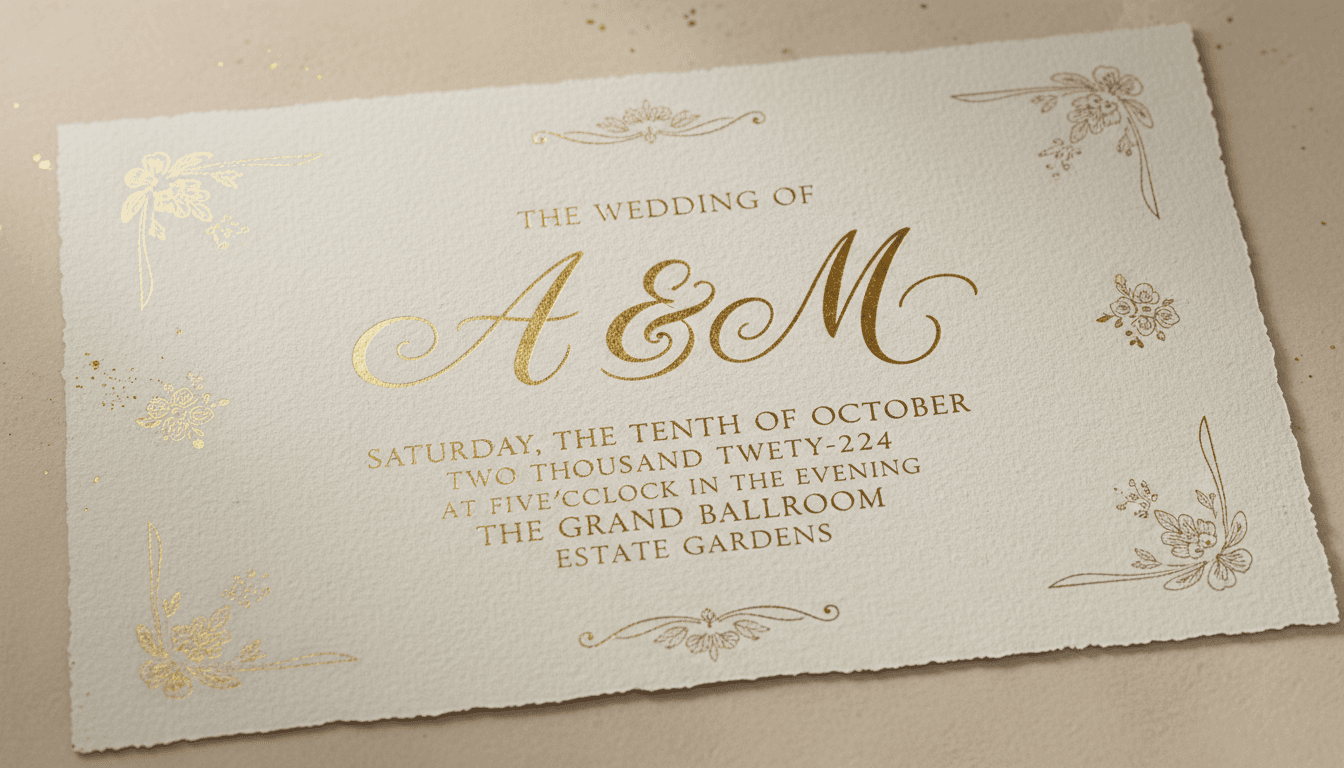 Hand-lettered calligraphy wedding invitation with gold ink