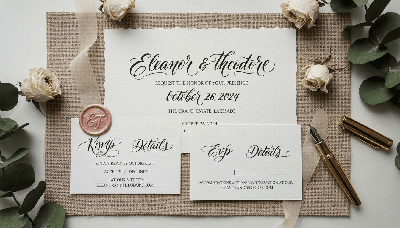 Hand-lettered wedding invitation with calligraphy on textured paper