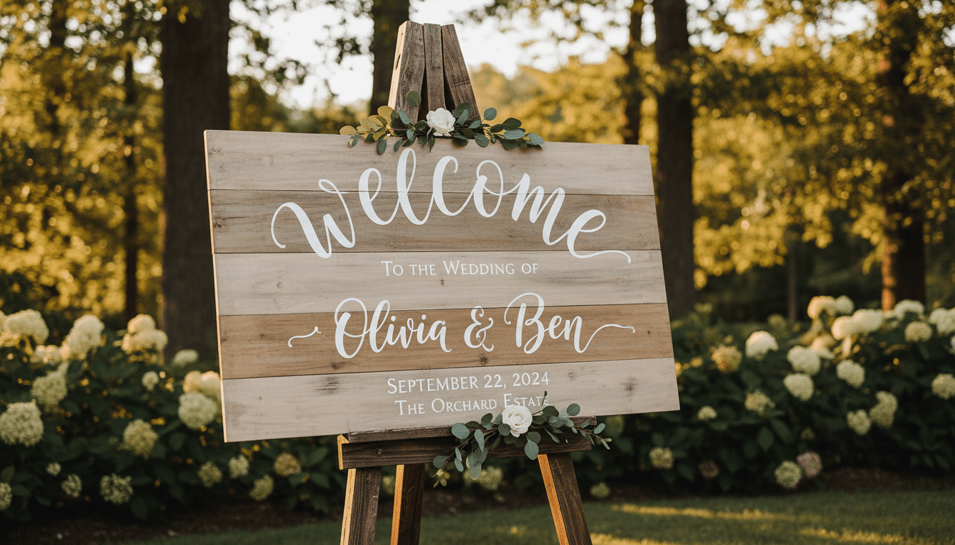 Hand-lettered wedding welcome sign on a wooden easel