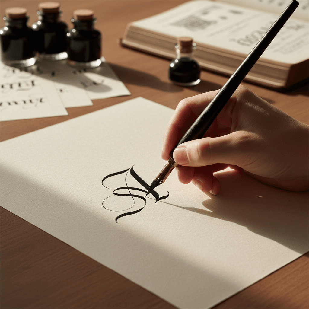 Close-up of a calligrapher's hand writing with a dip pen and ink, precise letterforms
