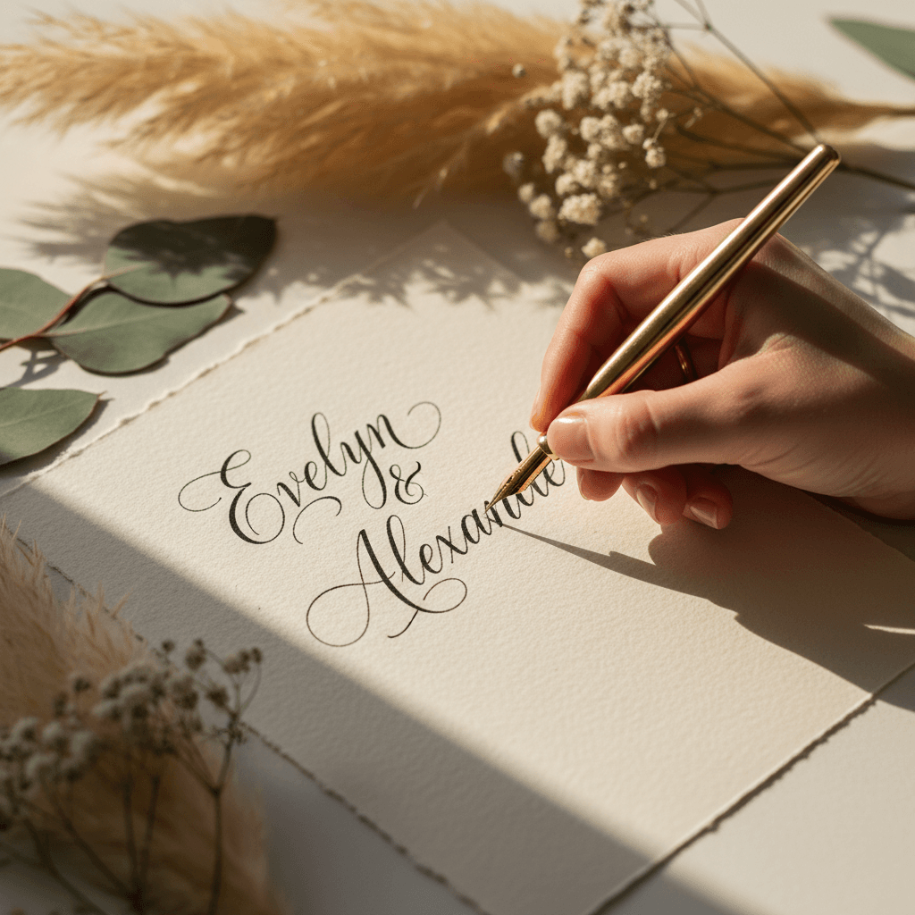 Close-up of a hand writing elegant calligraphy with a dip pen on cream paper