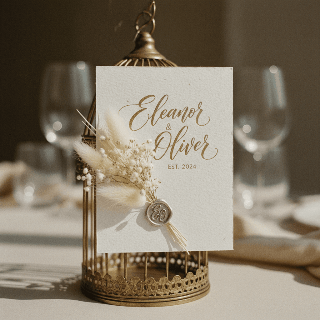 Calligrapher writing place cards by hand at a wooden worktable in a bright studio