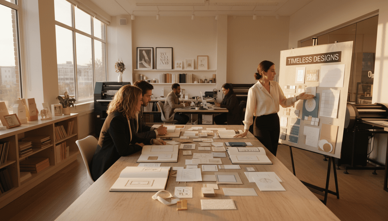 Calligrapher consulting with bride over wedding invitation designs at studio table