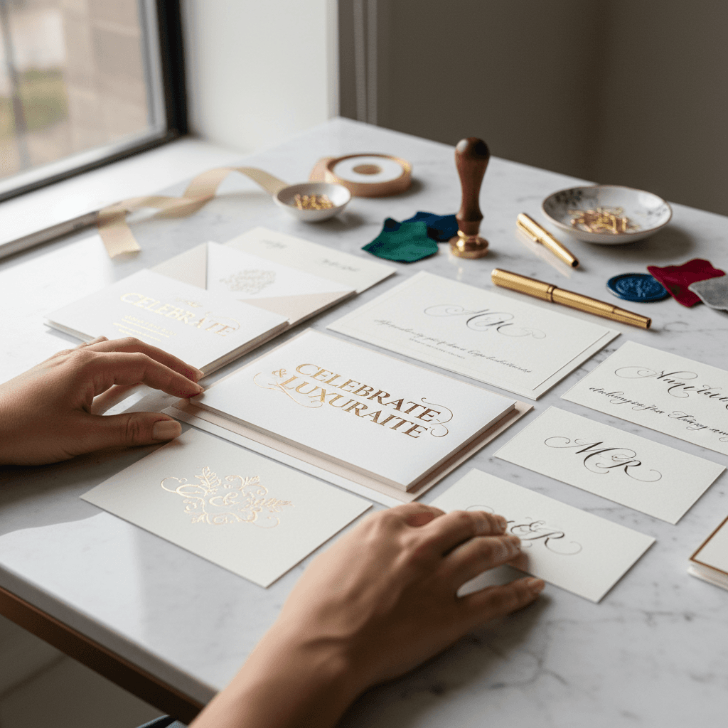 Personalized stationery set with calligraphy monogram and gold foil edge detail