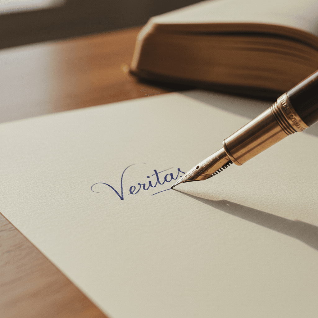 Close up of calligraphy pen writing elegant script on thick paper with ink pot
