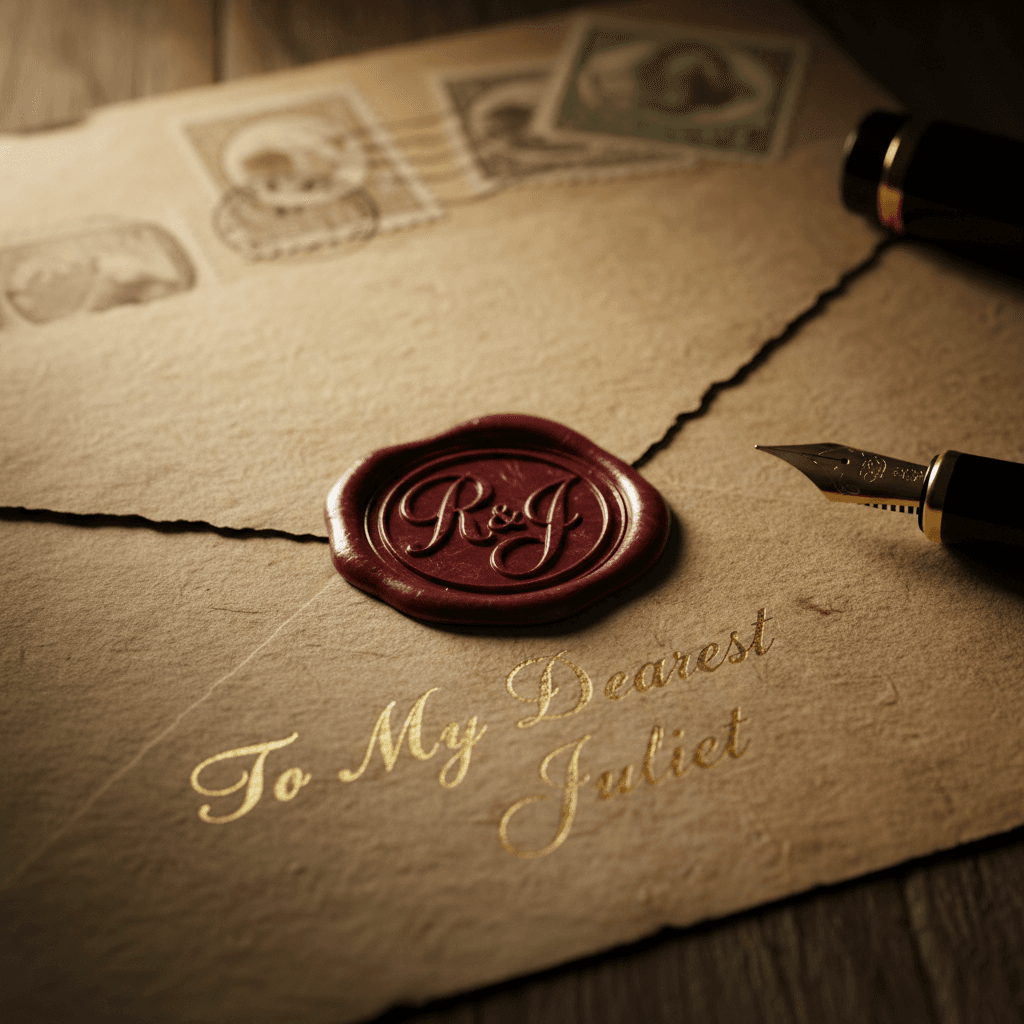 Close-up of envelope addressed in gold calligraphy ink