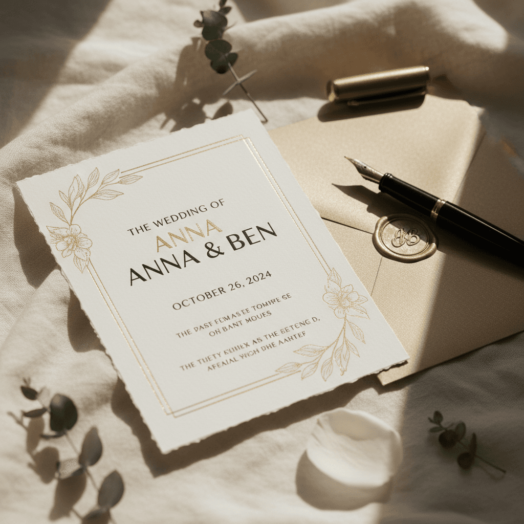 Hand-lettered wedding invitation suite with calligraphy in black ink on cream paper, Toronto