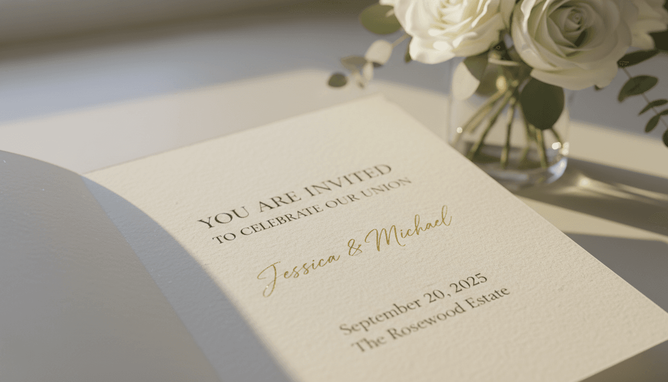 Elegant hand-lettered wedding invitation in gold ink