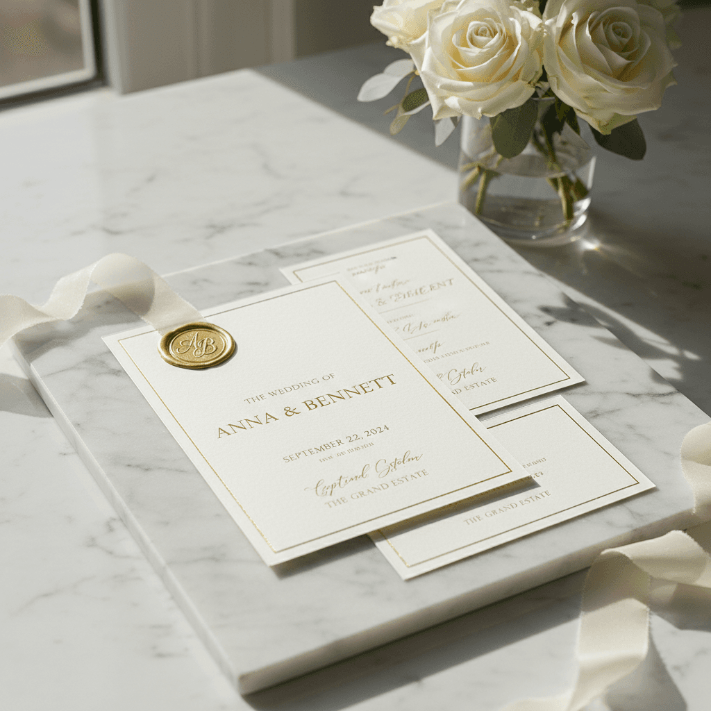 Hand-lettered dinner menu card with wax seal held by bride, wedding reception detail