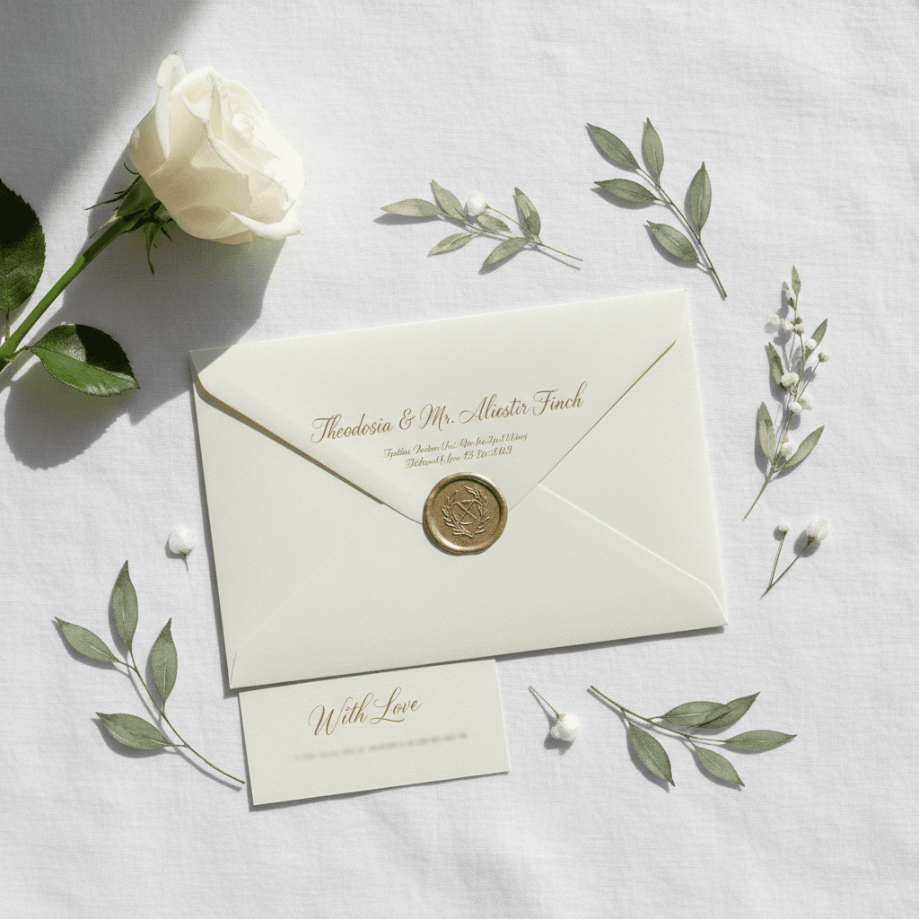Envelope addressing with elegant handwritten calligraphy and gold wax seal