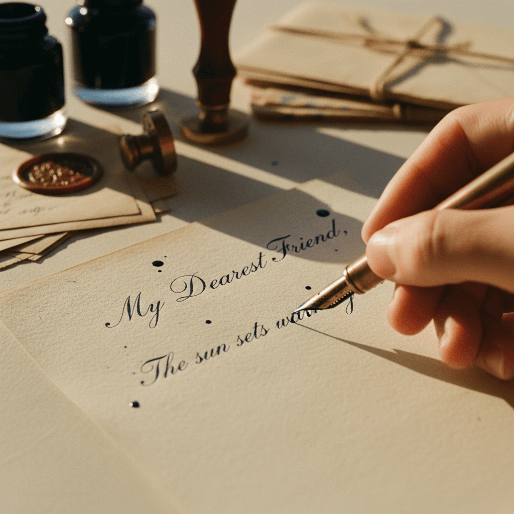 Close-up of a calligraphy pen writing on paper